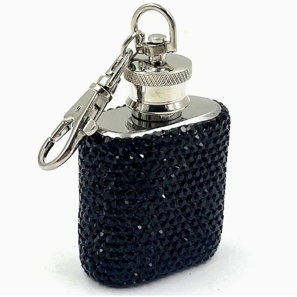 Black Rhinestone Mini Flask Keychain – Stainless Steel 1oz Pre-Owned